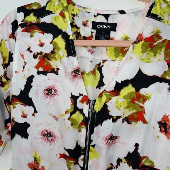 DKNY Jumpsuit Womens Size 2 Floral Print Zip Front V Neck Pockets Elastic Waist - Picture 11 of 14